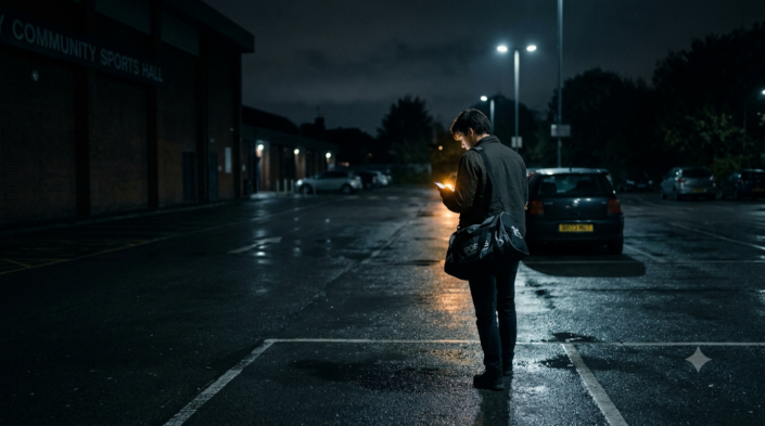 person looking at phone on deserted parking lot